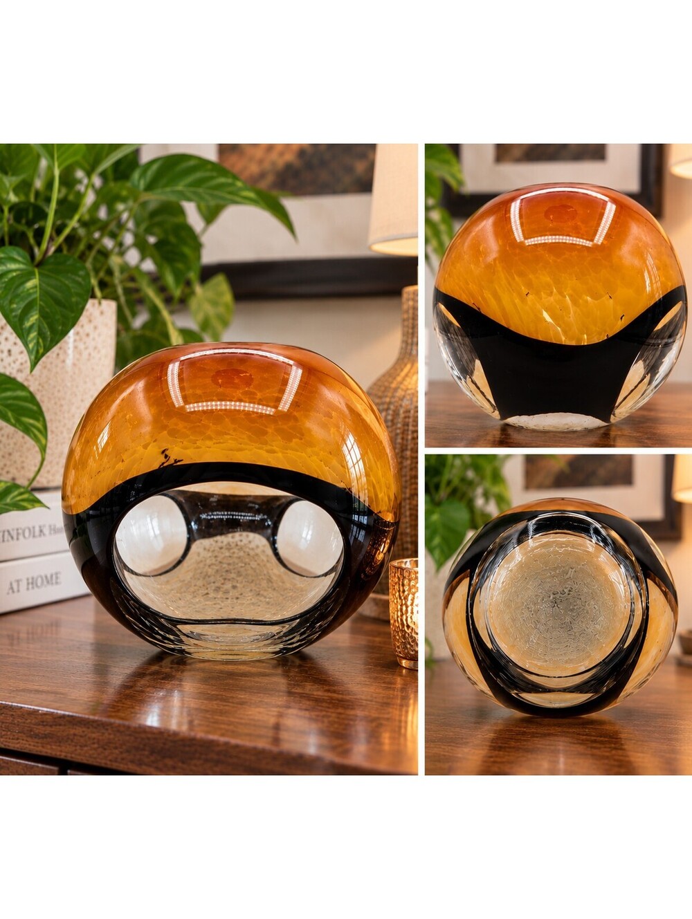 Hand Blown Fish Eye Art Glass Vase Amber Black White Tortoise Shell 5+ Lbs